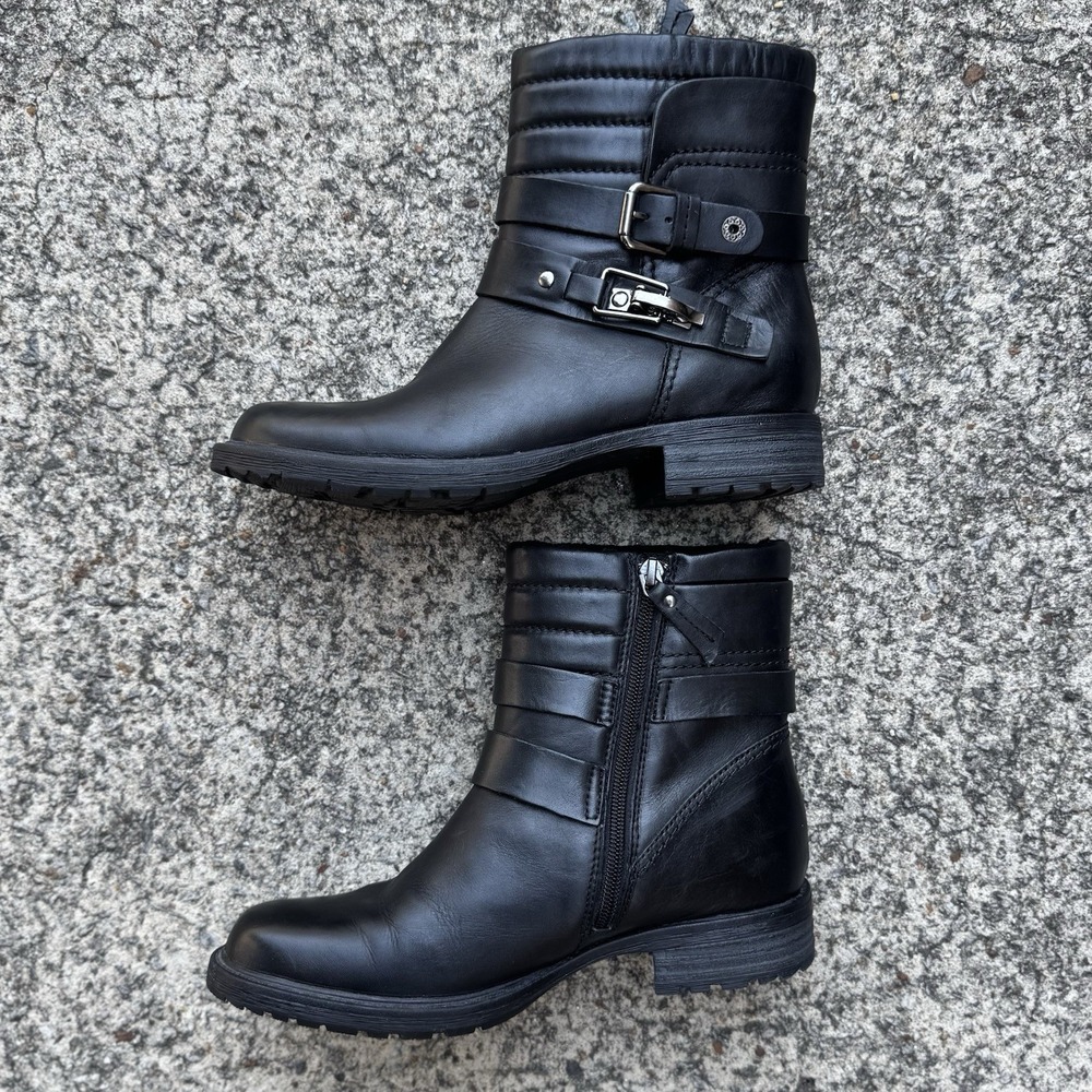 Earth Pepperidge Boots Womens 8B Black Leather Faux Fur Lined Ankle Moto Comfort